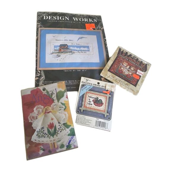 Vintage Cross Stitch Lot Of 4 Noahs Ark Angel Beach Mixed Brand - Picture 1 of 9